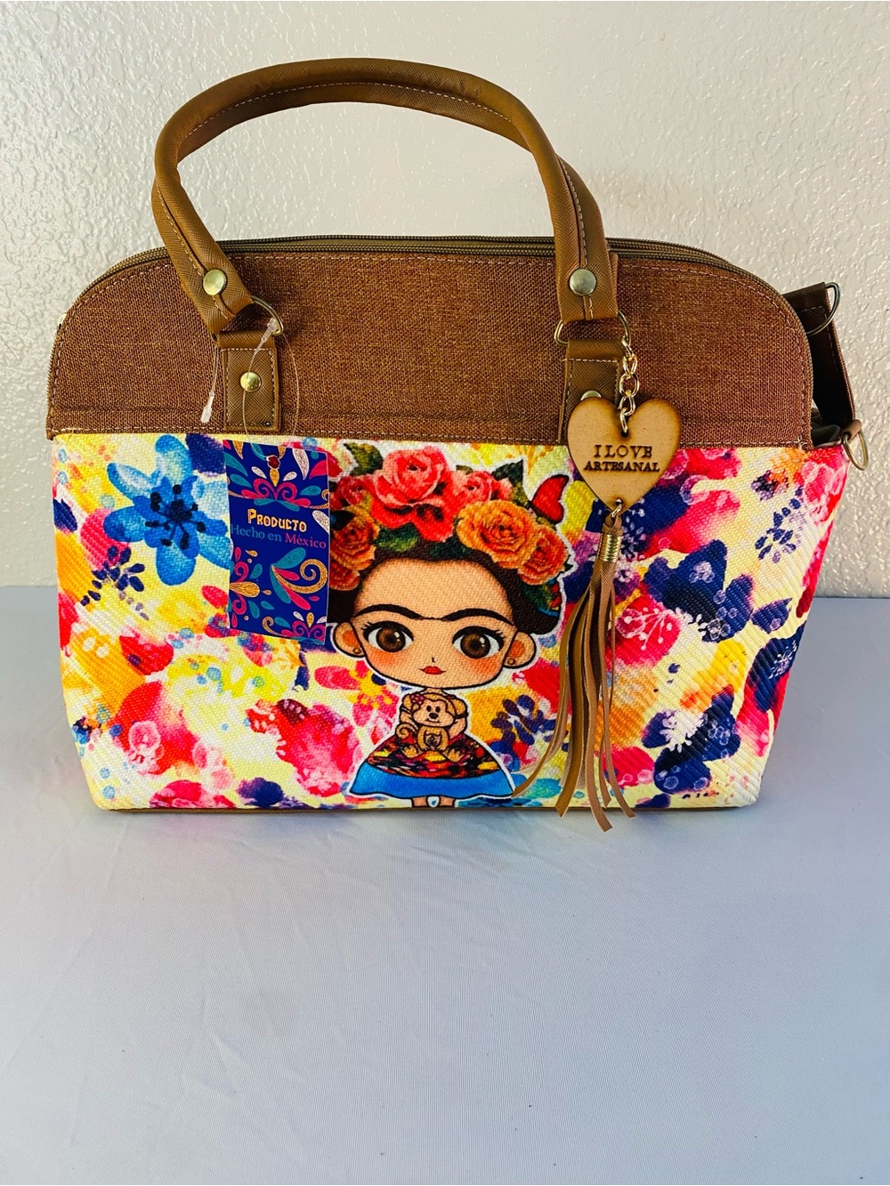 Frida Kahlo Floral Canvas Tote Bag - Brown & Multicolor